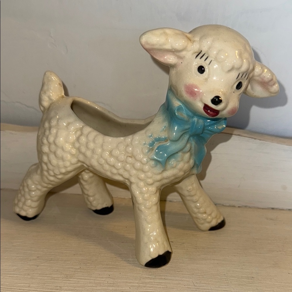 Charming Cream Lamb Figurine with Blue Bow